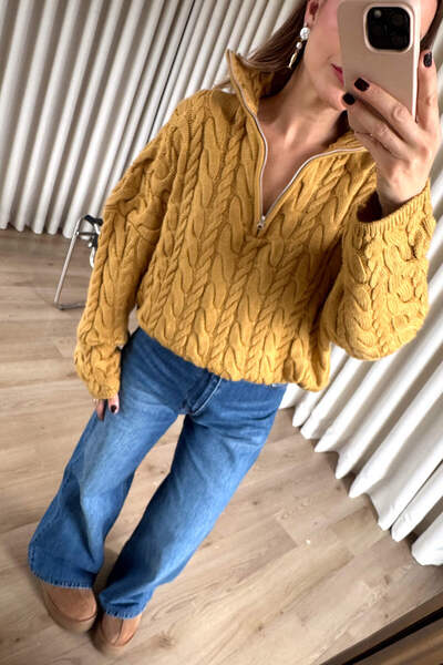 Sue Store Πουλόβερ με φερμουάρ με πλεκτό σχέδιο μουστάρδας