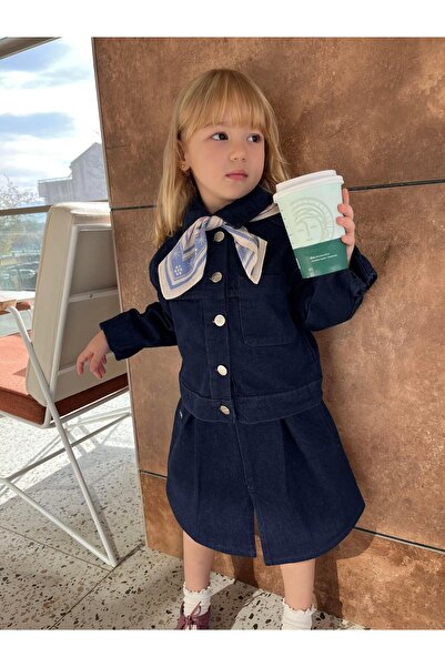 Magu Girls' Cotton Denim Jacket and Pleated Denim Skirt Set