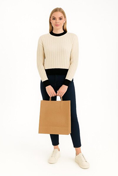 Sfg Life Moda Women's Crew Neck Ribbed and Striped Detail Crop Knitwear Short Sweater