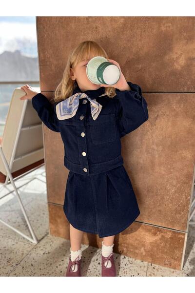 Magu Girls' Cotton Denim Jacket and Pleated Denim Skirt Set