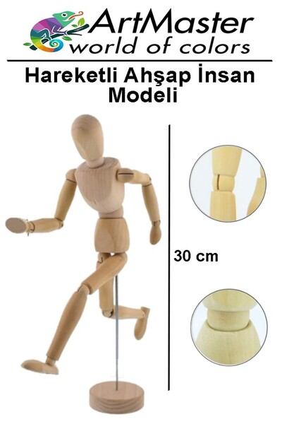 Artmaster Hareketli İnsan Modeli Ahşap 30 cm 1 Paket Kukla Stilist Ahşap Model İnsan Figürlü Manken Tahta Adam