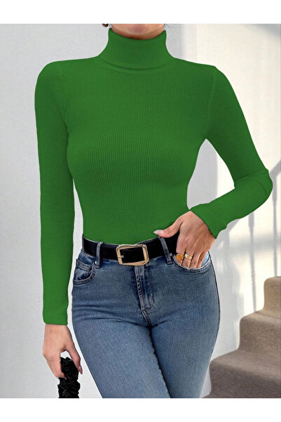 ZENGEZUR MALL Mtxdpn Collarbone Neck Slim Fit Ribbed Knit Sweater Green W3103 (220840) (Size: m)