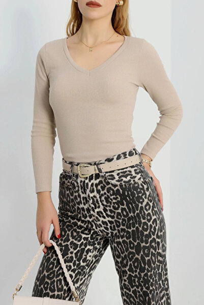 ZENGEZUR MALL Mtxdpn V-Neck Ribbed Knit Blouse Beige A3699 (215133) (Size: S)