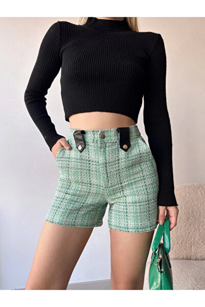 ZENGEZUR MALL Mtxdpn Snap Fastener Black Bridge Tweed Shorts Green (232517) (Size: S)