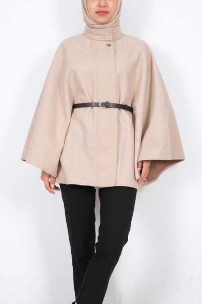 moda caddesi Mock Neck Kaşe Poncho with Belt Detail