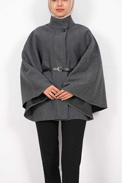 moda caddesi Mock Neck Kaşe Poncho with Belt Detail