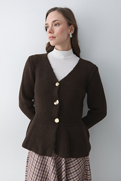 Laluvia Brown 3 Button Pleated Cardigan - 251065