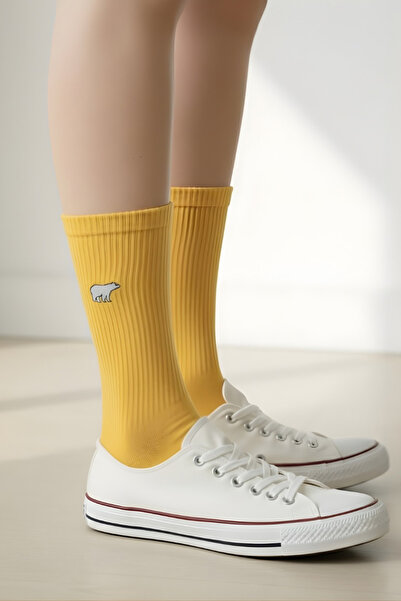 AYDK Yellow Teddy Bear Embroidered Long Socks |   Corded Fabric Ribana Soket Tennis Cotton Sports Socks