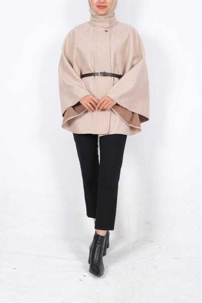 moda caddesi Mock Neck Kaşe Poncho with Belt Detail