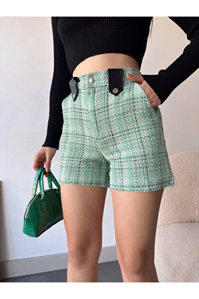 ZENGEZUR MALL Mtxdpn Snap Fastener Black Bridge Tweed Shorts Green (232517) (Size: S)