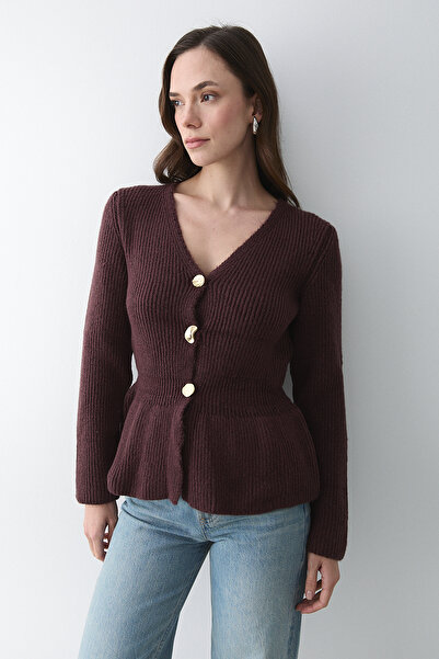 Laluvia Burgundy 3 Button Pleated Cardigan - 251065