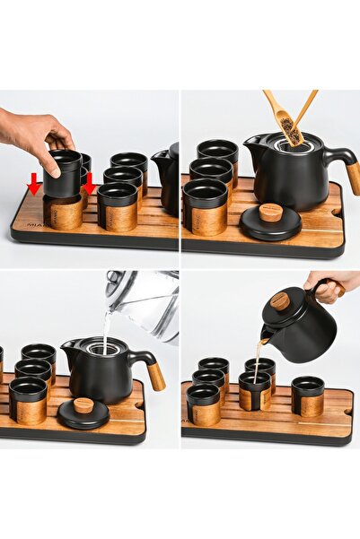 MIAMIO Japanese Teapot Set with 6x100ml Ceramic Cups, with stainless steel infuser, ceramic, black