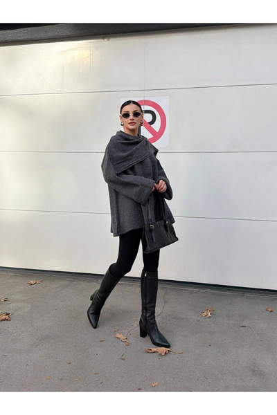 Lusin Women's Gray Shawl Detailed Transitional Winter Premium Knitwear Jacket