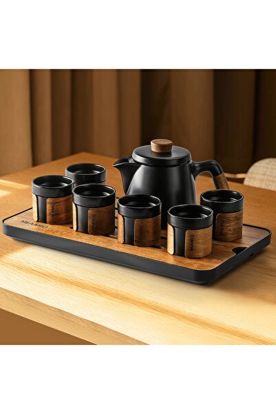 MIAMIO Japanese Teapot Set with 6x100ml Ceramic Cups, with stainless steel infuser, ceramic, black