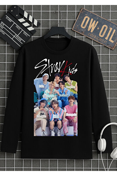 RYO FASHİON Tricou negru cu mânecă lungă Stray Kids SIGNAT, NO EASY B cu impr...