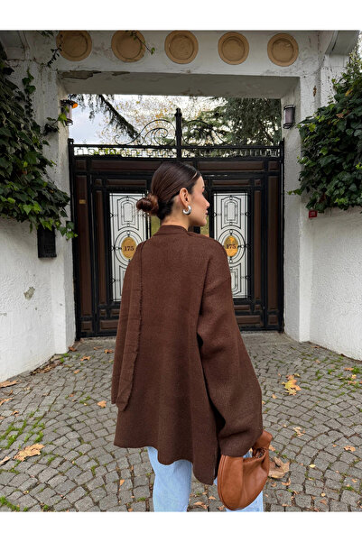 Lusin Γυναικείο Καφέ Πλεκτό Παλτό Premium Χειμώνας ελαφρύ με Λεπτομέρεια Σάλι
