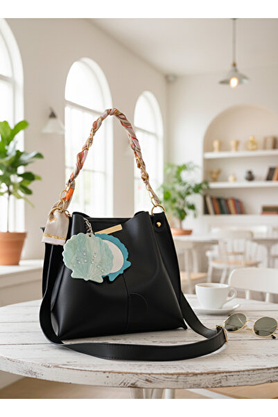 Livenda Shop Black Handbag and Shoulder Bag with Scarf, Chain Strap, Seashell Figured Mirrored Keychain Gift