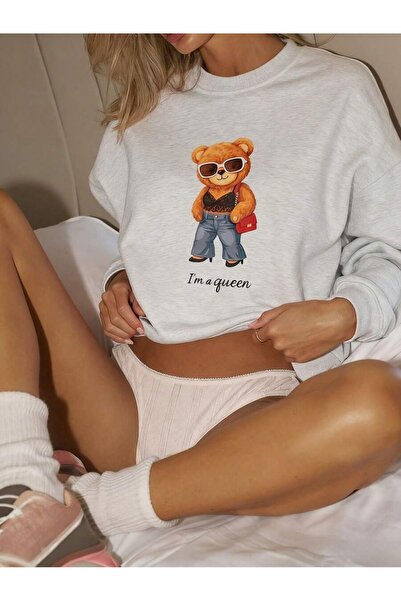 OVER HEAD Women's Gray I Am Queen Printed Crew Neck Sweatshirt