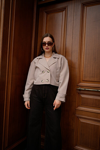 ASEDE Trendy Trench Short Jacket with Shoulder Sleeve Detail, Double-Breasted Collar and Button Closure