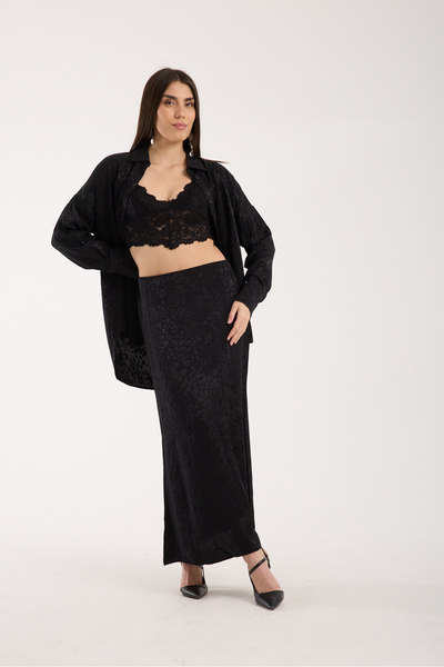 TheyYou Σετ πουκάμισο και φούστα με σατέν υφή μαύρο χιτζάμπ | Σετ με μοντέρνα μπλούζα και μοντέρνα φούστα με σατέν υφή