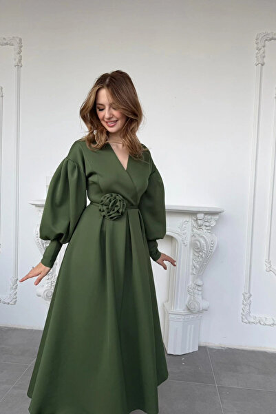 HELİS BUTİK Rosa Green Rose Belt Detailed Scuba Maxi Length Dress