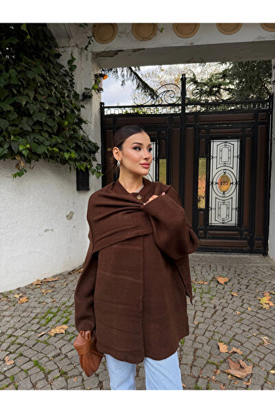 Lusin Γυναικείο Καφέ Πλεκτό Παλτό Premium Χειμώνας ελαφρύ με Λεπτομέρεια Σάλι