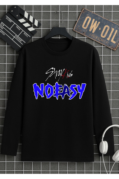 RYO FASHİON Tricou negru cu mânecă lungă Stray Kids SIGNAT, NO EASY B cu impr...