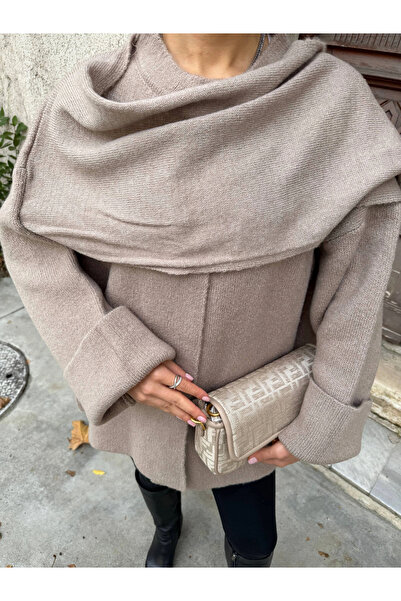 Lusin Women's Beige Shawl Detailed Transitional Winter Premium Knitwear Jacket