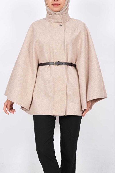 moda caddesi Mock Neck Kaşe Poncho with Belt Detail