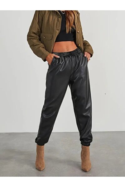 JANES Women's High Waist Elastic Front Buttoned Leather Pants