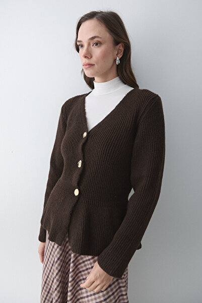 Laluvia Brown 3 Button Pleated Cardigan - 251065