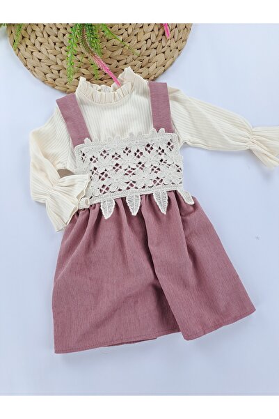 Butik Girl's Baby Salopet Velvet Fabric Dress Bodysuit Two-Piece Set Lace Braided Premium Quality