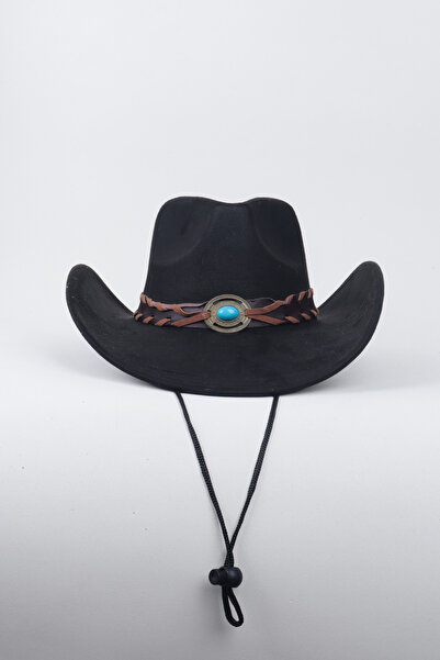 Kapin Kovboy Boncuk Kemer Detaylı Taş Figürlü Fötr Şapka - Siyah