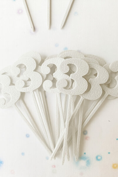 Atolye Doruk White Number 3 Cupcake Picks - Baby 3 Year Old Birthday Cake Decoration Supplies