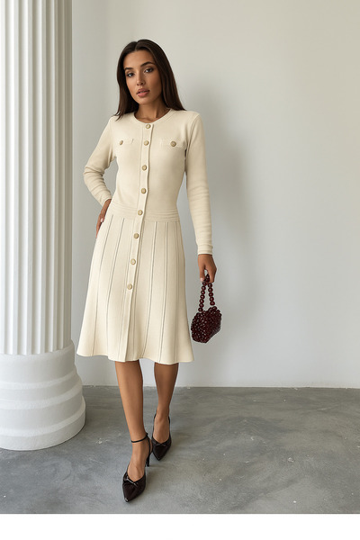 Lusin Women's Ecru Stylish Gold Button Detailed Elegant Long Sleeve Knitwear Dress (New Color)