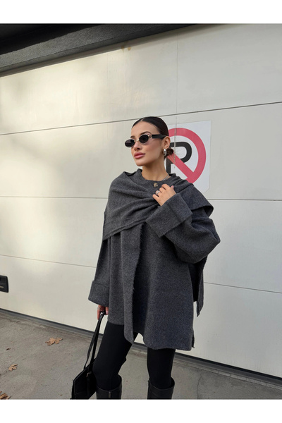 Lusin Women's Gray Shawl Detailed Transitional Winter Premium Knitwear Jacket