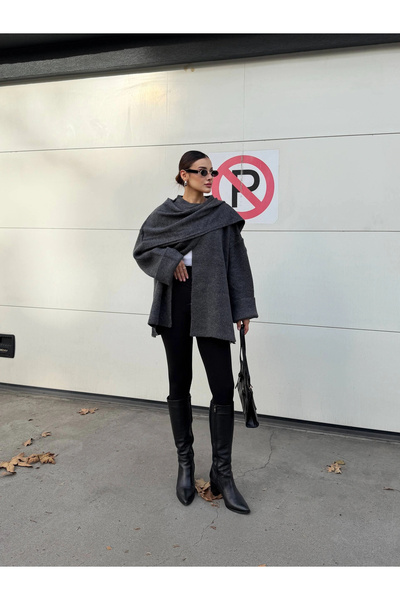 Lusin Women's Gray Shawl Detailed Transitional Winter Premium Knitwear Jacket