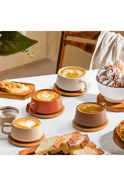 MIAMIO Set of 4 Cappuccino cups with bamboo saucer, Luxe collection, ceramic, beige, 320 ml