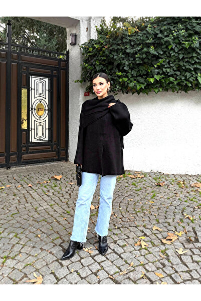 Lusin Women's Black Shawl Detailed Transitional Winter Premium Knitwear Jacket