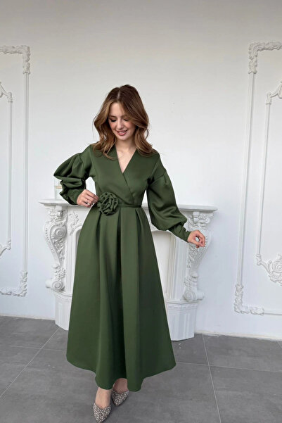 HELİS BUTİK Rosa Green Rose Belt Detailed Scuba Maxi Length Dress
