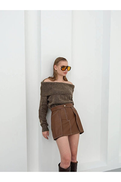 ZENGEZUR MALL Mtxdpn Contrast Leather Skirt Brown W260015 (232521) (Size: S)