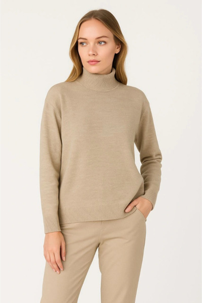 DUOF Half Turtleneck Knitwear Sweater Soft Textured Cotton Fine Weaving, Long Sleeve Comfortable Regular Fit - Beige