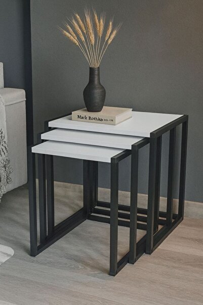 GUİMO 3'lü Metal Zigon Sehpa Zigon Sehpa Orta Sehpa Yan Sehpa Çam