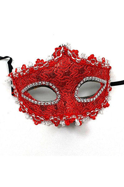 HarmonyAura Red Color Eyes Crystal Rhinestones Lace Party Mask 11X17 cm