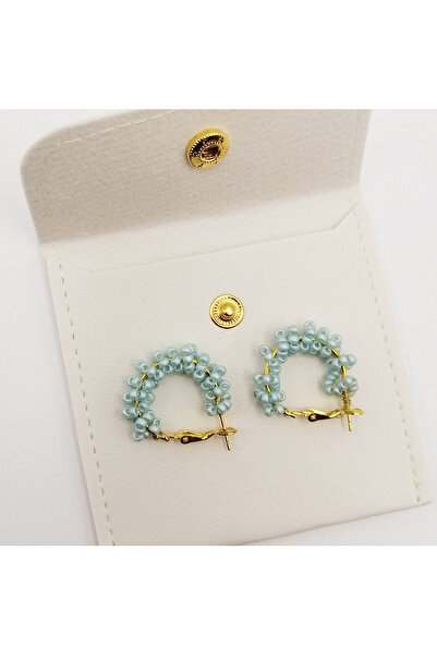 BUNILU Round gold earrings with blue stones, with white leather envelope