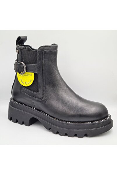 Mammamia D25Kb-4185 Black Genuine Leather Thick Heeled (5cm) Zippered Women's Boots