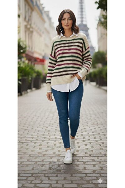 Afili butik ملابس تريكو مخططة ملونة قصة فضفاضة – ياقة دائرية، قماش قابل للتمد...