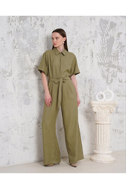 ZENGEZUR MALL Mtxdpn Belted Shirt Collar Loose Jumpsuit Khaki S255822 (00138) (Size: m)