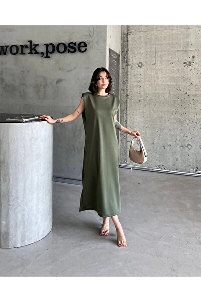 ZENGEZUR MALL Mtxdpn Shoulder Pad Piece Dress Khaki (00214) (Size: S)