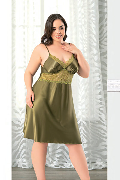 euro click Plus Size Lace Satin Nightgown – Thin Straps, Olive Green